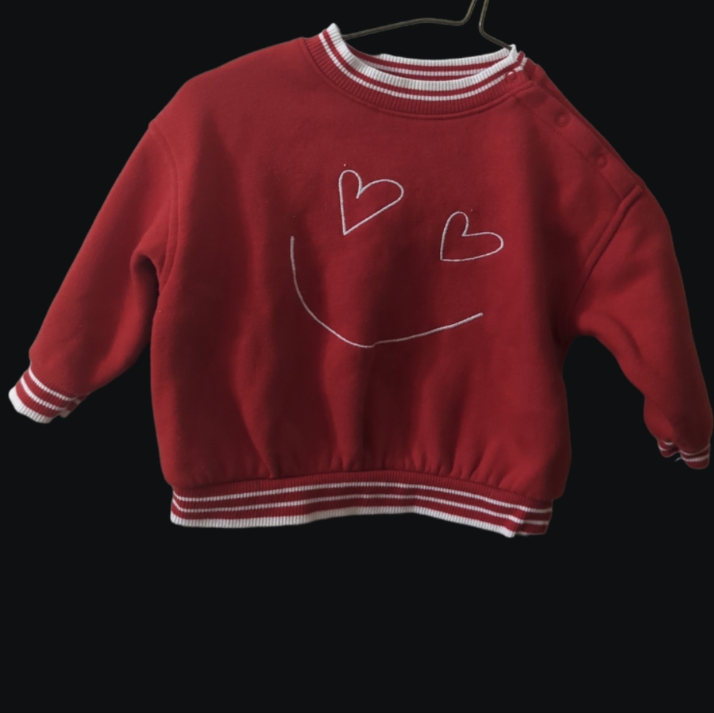 Cat and Jack sweater hearts red white fits like 18-24 months labeled 6-9 months